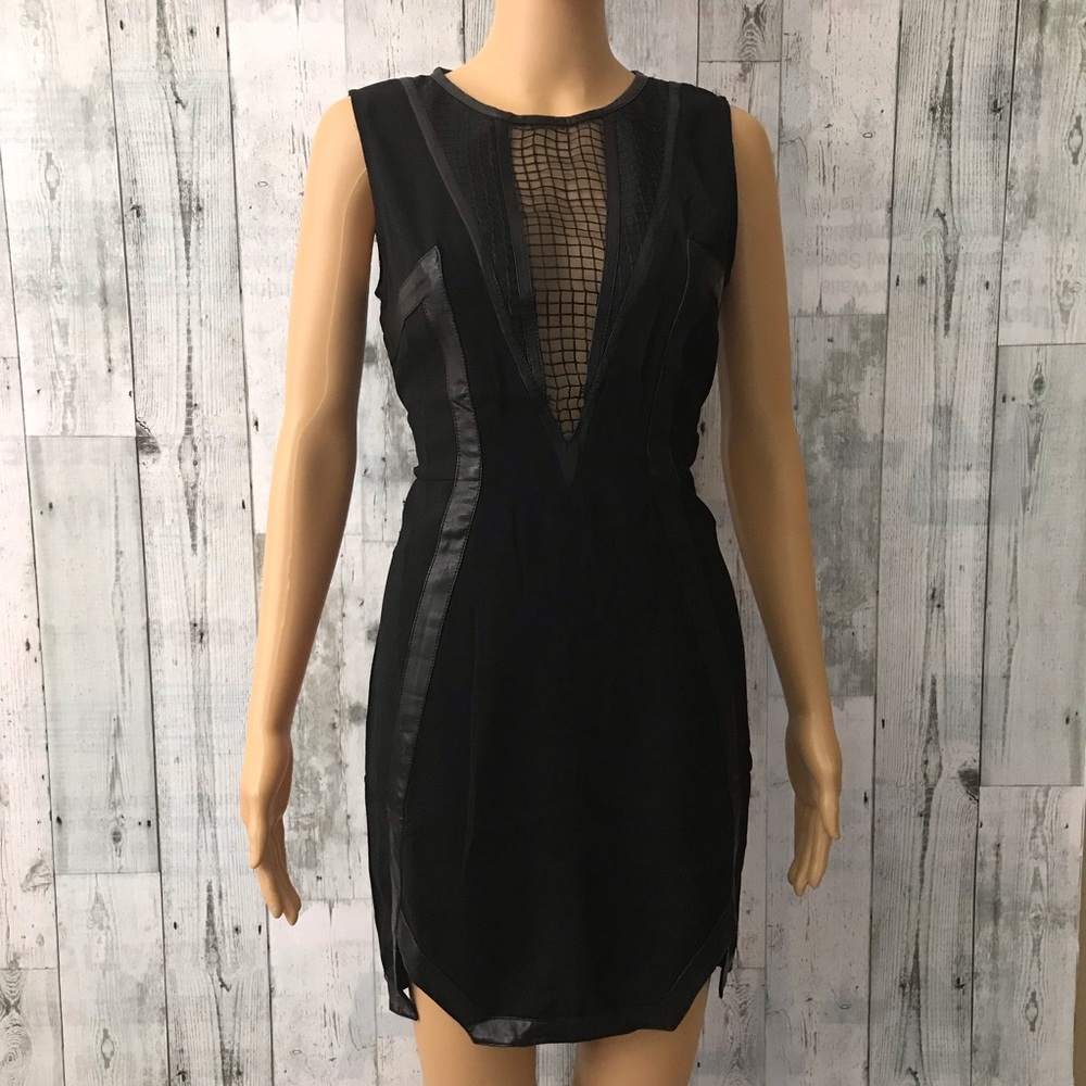 English Rose Faux Leather Trim Net Neckline Dress